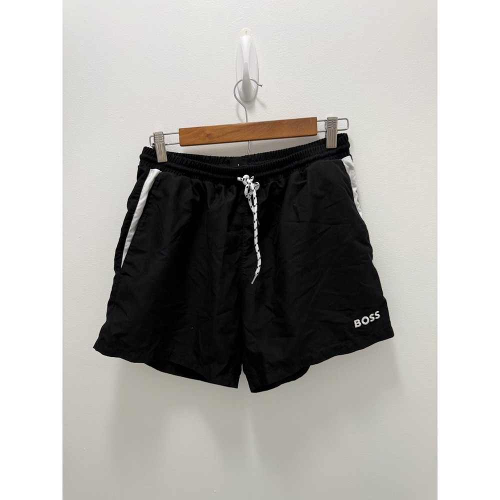 BOSS Hugo Boss Mens Black Swim Shorts White Stripe Logo Trunks Small